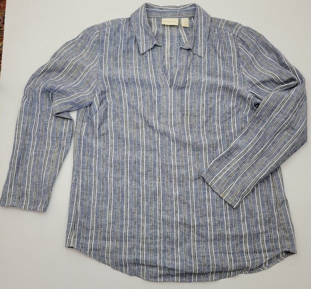 Chico's Tunic Lurex Stripe Gauze Linen Blend Blue White Long Sleeve Size 1 (M 8)